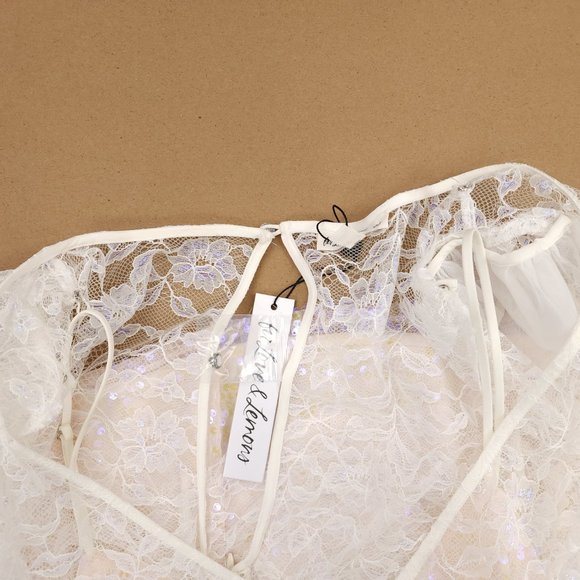 For Love and Lemons L Blanc Lourve Sheer Lace Sequin Long Sleeve Dress NWT - Picture 13 of 16